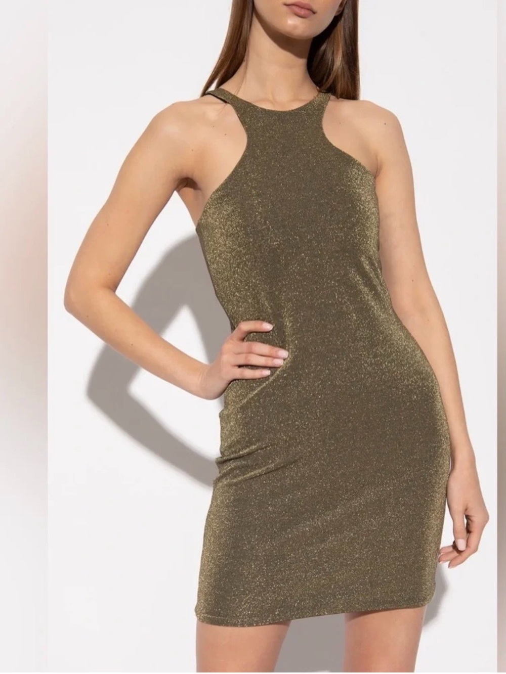 All Saints Metallic Olive Halter Mini Dress